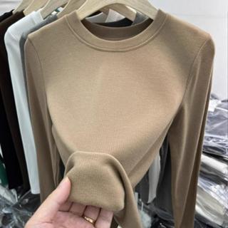 衣時尚 上衣 長袖T卹 發熱衣 S-2XL 新款羊絨磨毛絨正肩圓領內搭打底衫女上衣修身長袖T卹T149-6149.
