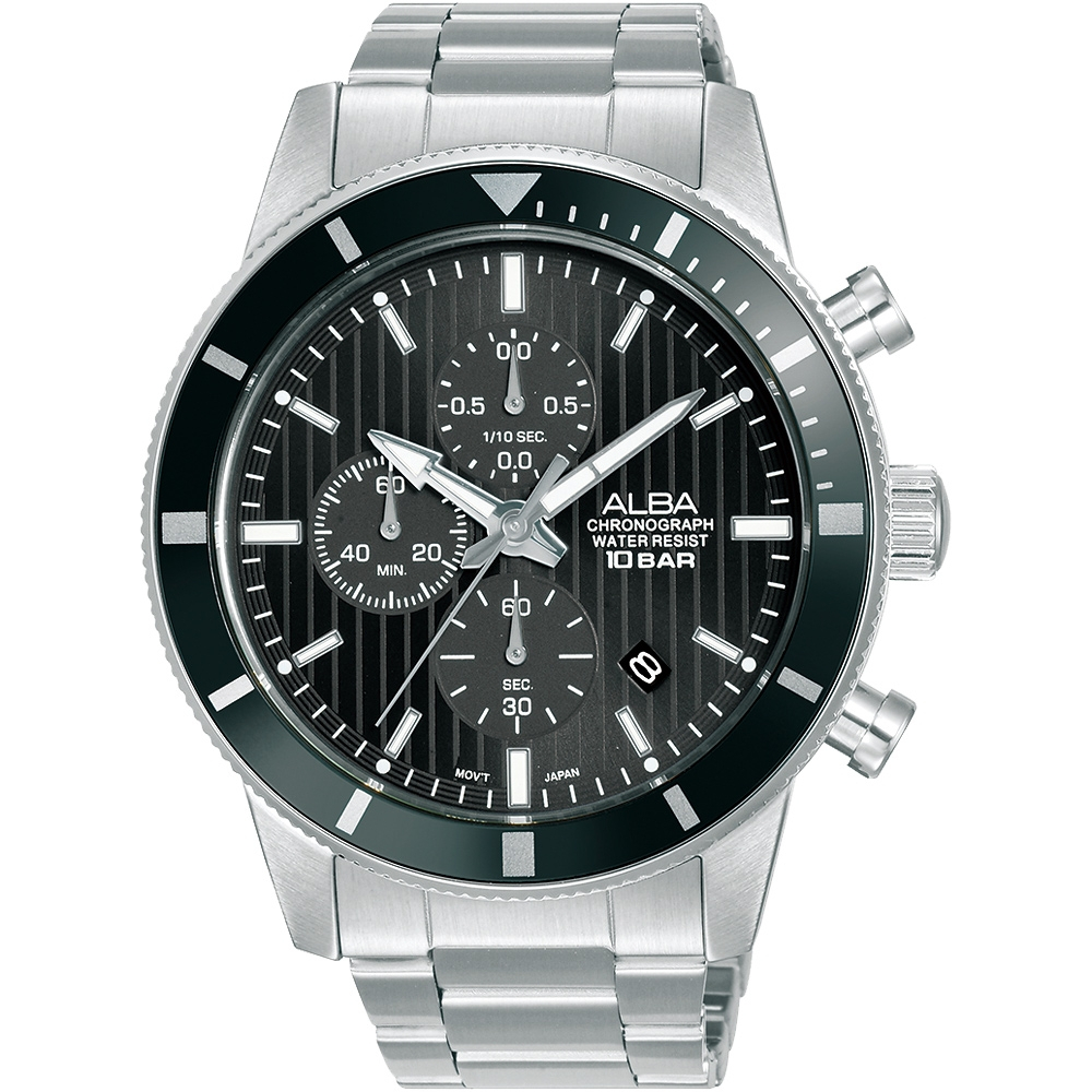 ALBA 雅柏 運動風 三眼計時手錶 45MM 黑 (AM3957X1 / VD57-X217D)