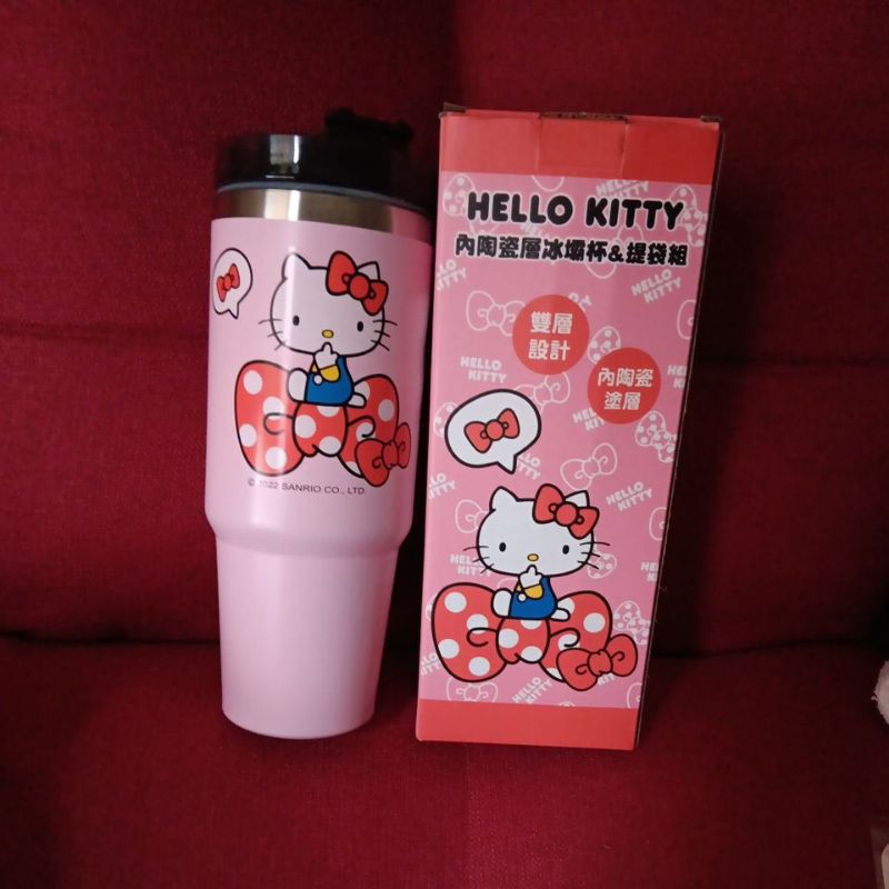 全新的 三麗鷗授權Hello Kitty 正版 內陶瓷層冰霸杯 加潛水布提袋 雙層設計 特價出清 交換禮物 生日禮物