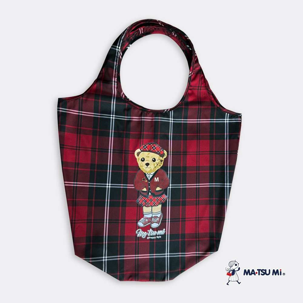 MA‧TSU Mi 熊熊紅格紋收納購物袋(紅)
