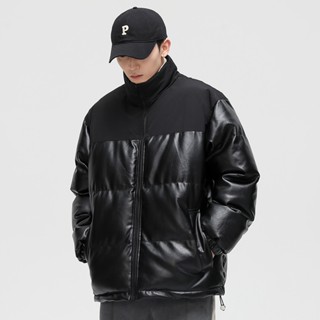 LARGE STORE 素面禦寒寬鬆落肩皮衣外套 立領寬鬆落肩 防潑水皮衣 男生外套 機車外套 情侶外套(PY9898)