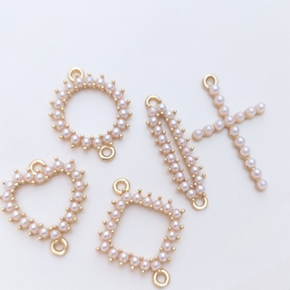 宏雲Hongyun-Ala-保色14K鍍金鑲小珍珠心形菱形圓形雙吊配件diy手鏈耳環吊飾連接件