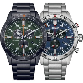 CITIZEN星辰 Chronograph 聖誕推薦 三眼光動能腕錶 綠藍（AT2527-80X／AT2520-89L）