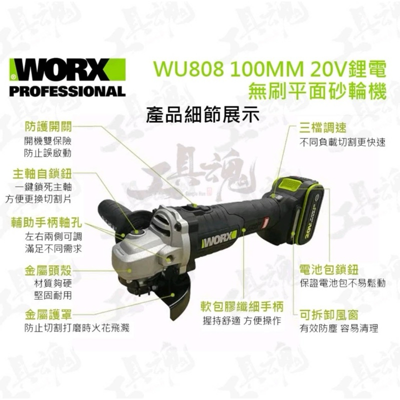 WORX WU808 100mm 20V鋰電無刷平面砂輪機