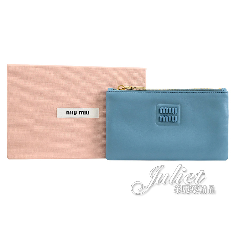 【茱麗葉精品】MIU MIU 5MB040 金屬LOGO拉鍊卡片零錢包.天藍 現貨在台