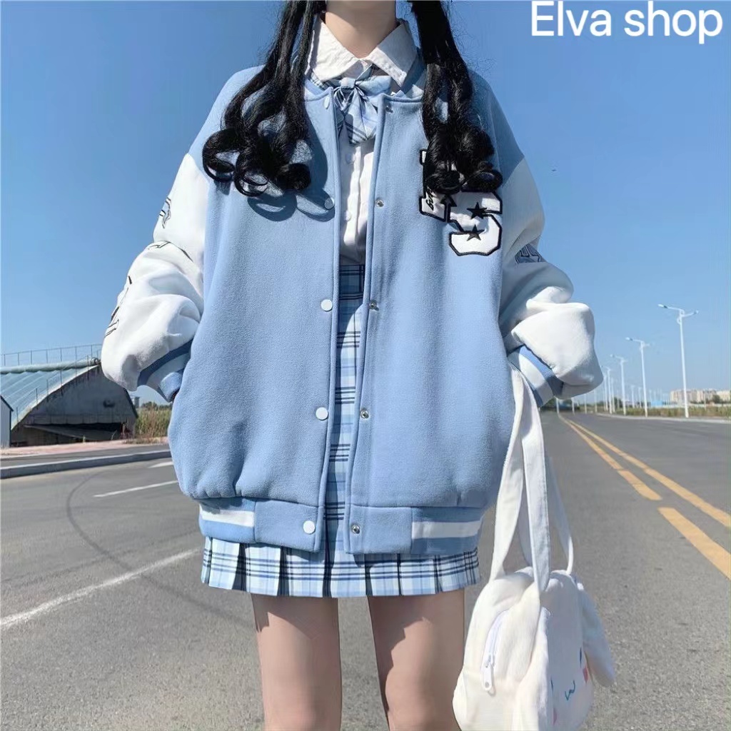 【Elva shop】加絨外套女 韓系甜酷學院風撞色拼接刺繡棒球服外套女寬松外穿百搭夾克開衫潮
