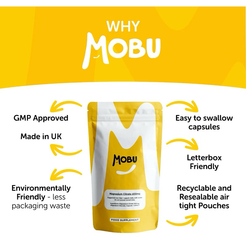 英國MoBu 檸檬酸鎂 600 毫克 | 120 粒高強度膠囊 |疲勞和經前症候群(GMP)