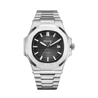 德國DITALING | 銀框 黑面橫條 八角造型 自動上鍊機械腕錶 不鏽鋼錶帶 男錶