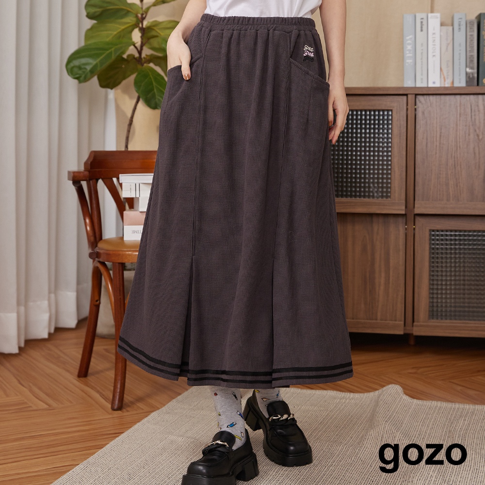 【gozo】gozo三次方華夫格學院風圓裙(深灰/咖啡_F) | 女裝 修身 百搭