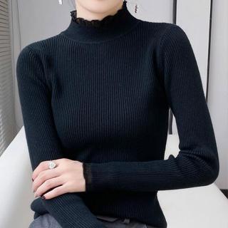 衣時尚上衣 針織衫 毛線衣 保暖 新款蕾絲木耳邊半高領打底衫女長袖配大衣針織毛衣TBF15-8525.