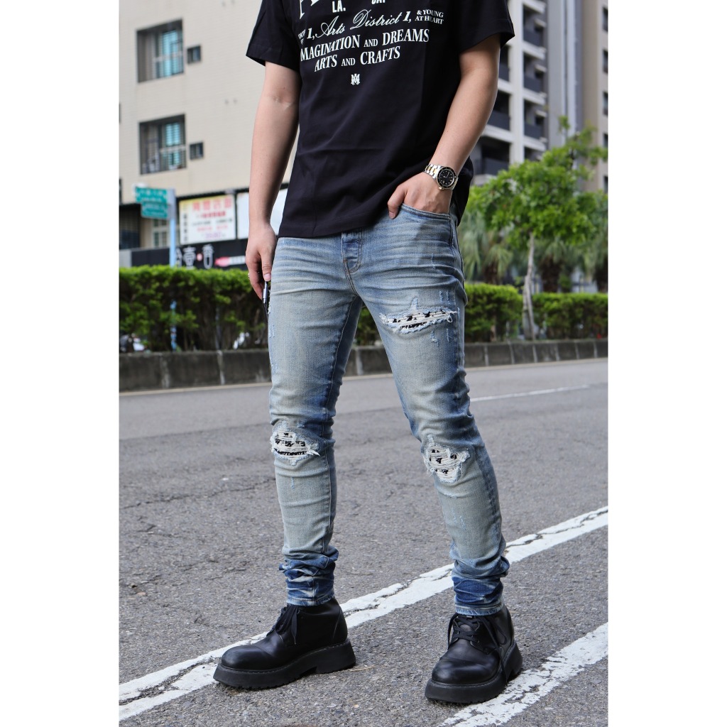 AMIRI 23AW VINTAGE INDIGO MA1 主打款 黑白千鳥紋補丁 丹寧 彈性 窄版