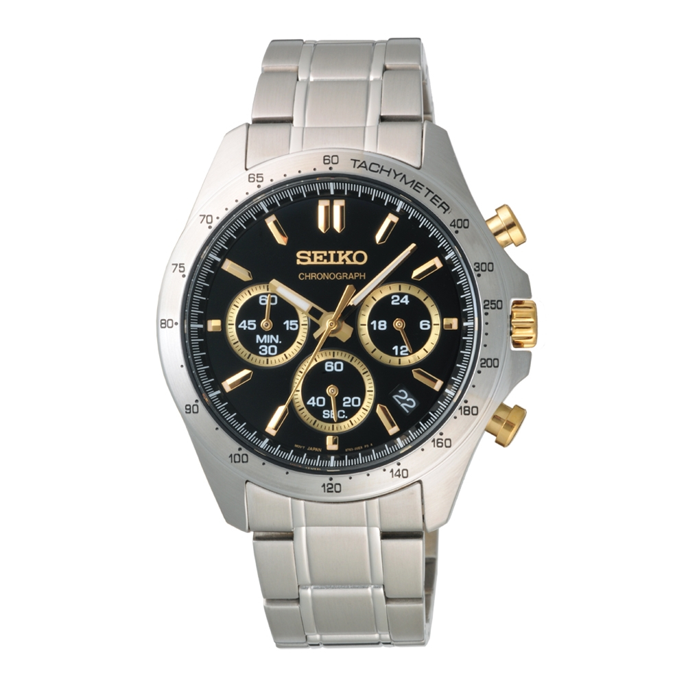 【金台鐘錶】SEIKO 精工 防水100米 不鏽鋼錶帶 SBTR015 (附原廠盒)三眼計時男錶 (黑X玫瑰金) 40m