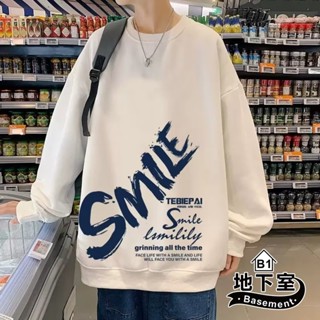 地下室B1-大學T 韓版加絨ins潮流寬鬆SMILE長袖上衣 男生衣服 衛衣 長T恤 大尺碼5XL【NL663297】
