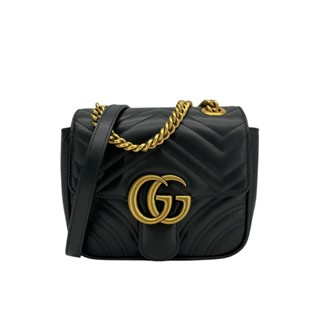 Gucci GG Marmont 絎縫牛皮方型斜揹包-mini(739682-黑)