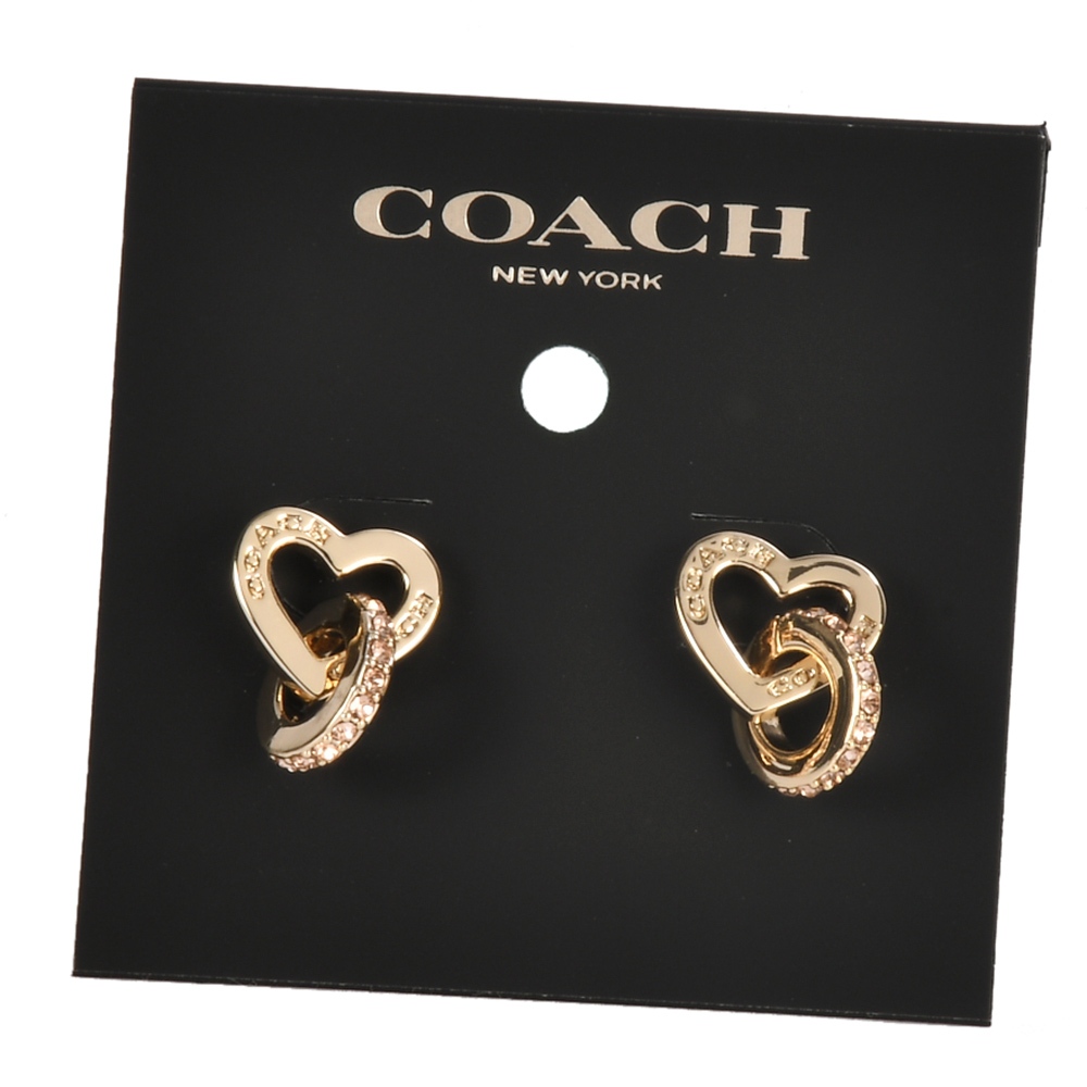COACH愛心LOGO水鑽圓環雙扣造型穿式耳環(金色)193843