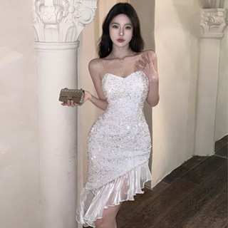 【現貨臺灣 , 免預購】M-XL 白 V領 中長款 亮片不規則包臀魚尾禮服 性感抹胸連身裙 春酒尾牙 婚禮洋裝