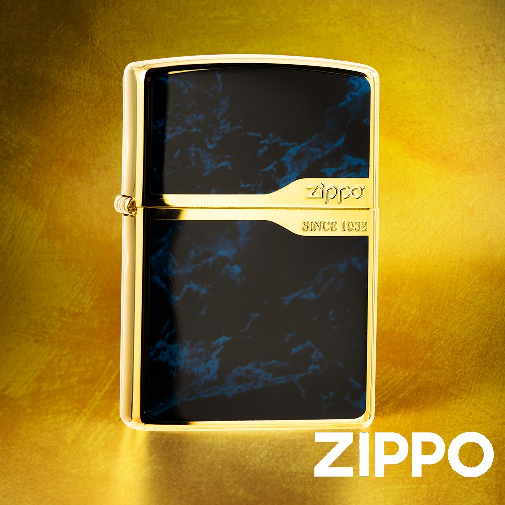 ZIPPO 古銅金海藍大理石紋防風打火機 ZA-6-O11 色彩成像 海藍 大理石 合金色邊框 雕刻字樣 終身保固