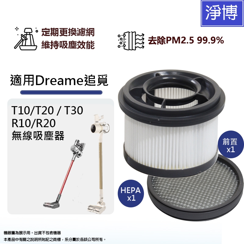 適用追覓 Dreame T10/T20/T30 R10/R20 無線吸塵器 可水洗替換濾網