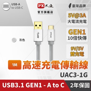 PX大通ECA3-100G USB3.1 Gen1 A-to-USB-C Type-C 1M閃充快充1米充電傳輸線灰