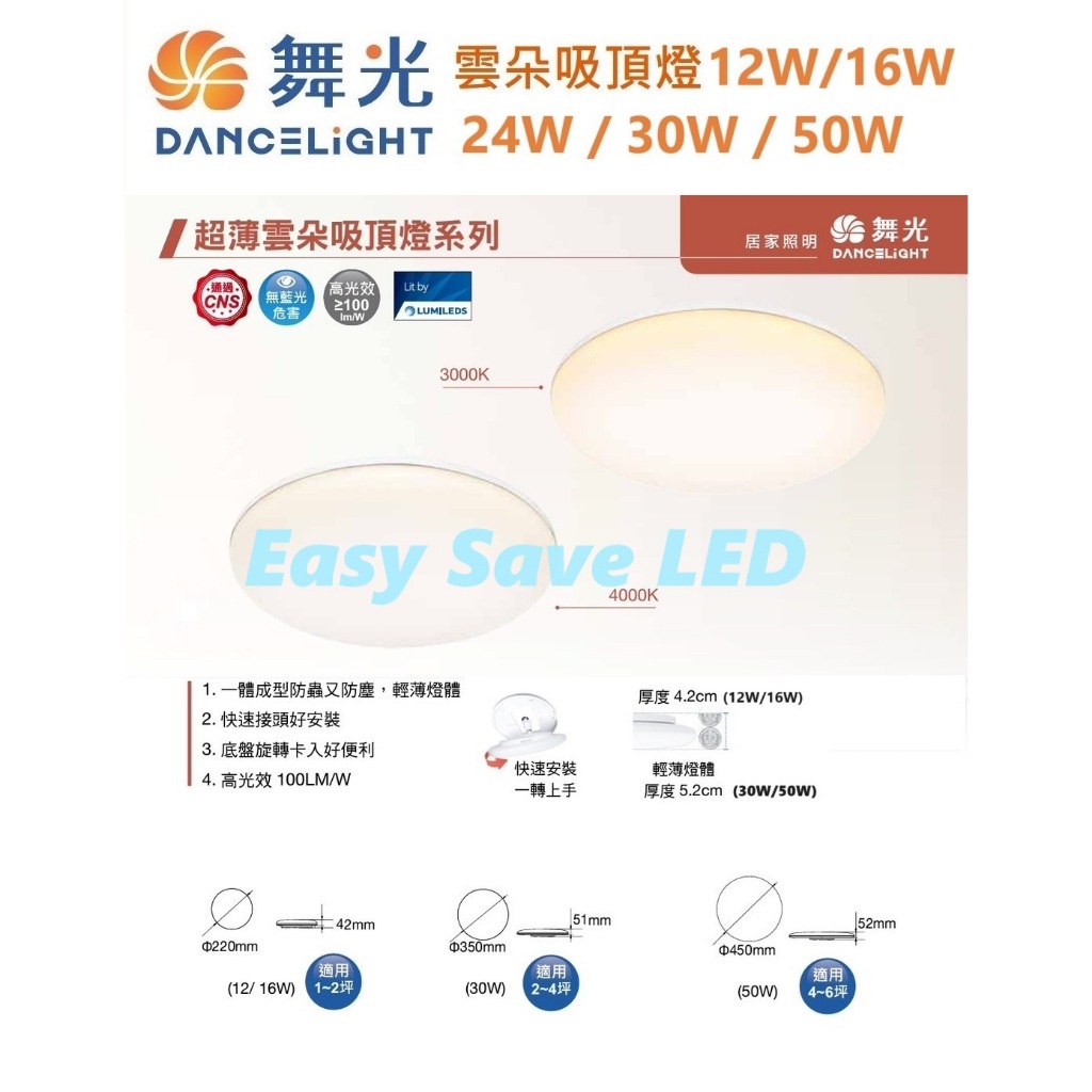 含稅 DANCELIGHT 舞光 LED 雲朵薄型吸頂燈 12W/16W/24W/30W/50W (黃光/自然光/白光)