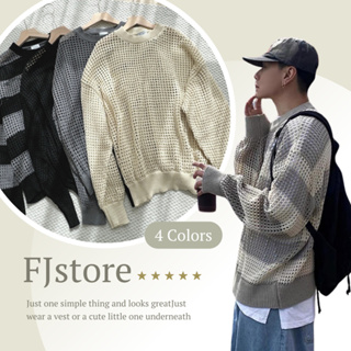 【FJstore】韓國 洞洞 針織毛衣 條紋 素色 落肩 寬鬆 外搭 長袖上衣 男生長袖 女上衣 情侶