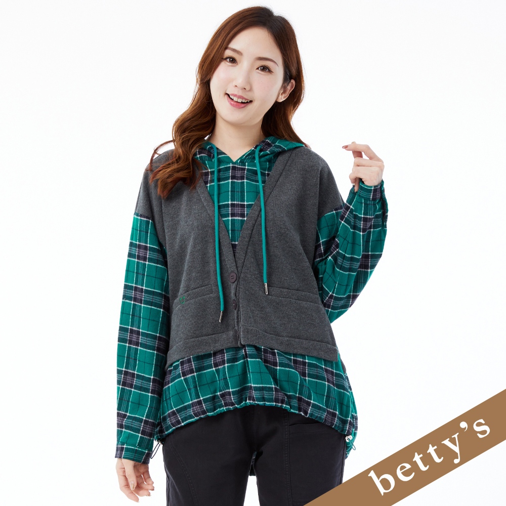 betty’s貝蒂思(25)假兩件針織背心格紋連帽上衣(綠色)