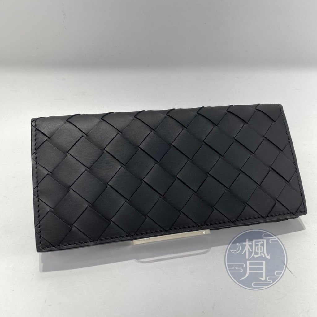 BRAND楓月  BOTTEGA VENETA 黑寬編織小羊皮對開長夾 BV 經典編織造型 皮件 配件 皮夾