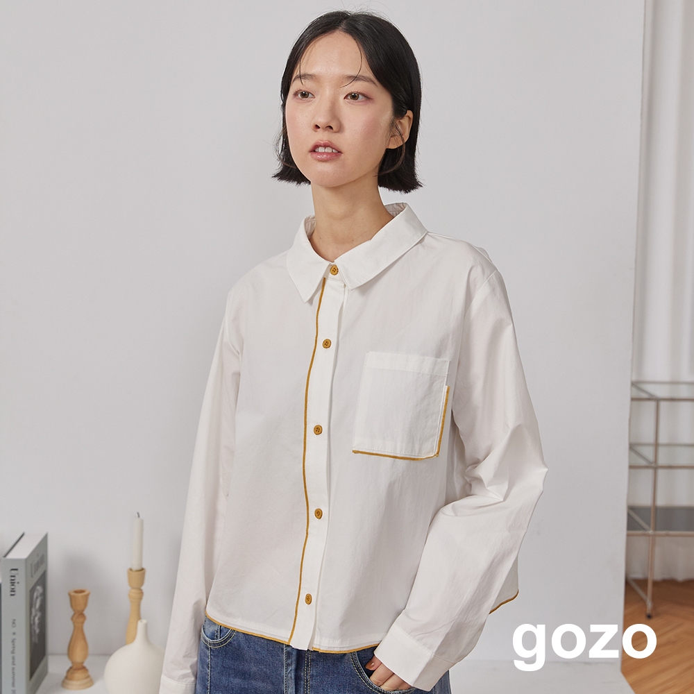 【gozo】配色滾邊造型短版襯衫(白色/粉色_F) | 純棉 襯衫領 百搭