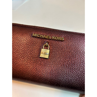 MK 經典款 Michael kors 二手 荔枝紋鎖頭立體金屬紫 紅酒長夾 二手 卡夾 錢包 多夾層 零錢包 名牌 包