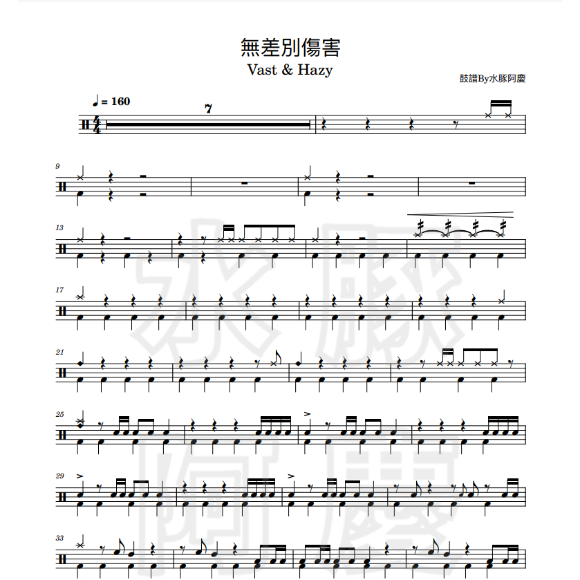 爵士鼓譜【無差別傷害 - Vast&amp;Hazy】PDF樂譜
