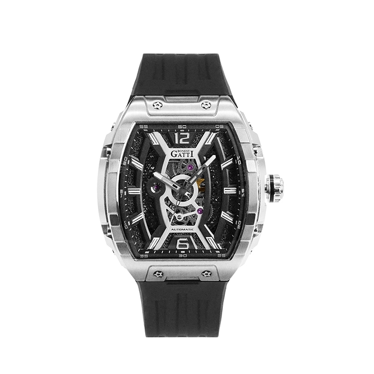 BONEST GATTI布加迪 黑銀款 鏤空面盤 酒桶造型 氟橡膠錶帶 自動上鍊機械腕錶