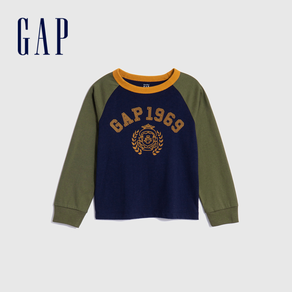 Gap 男幼童裝 Logo純棉印花長袖T恤-藍綠拼接(794572)