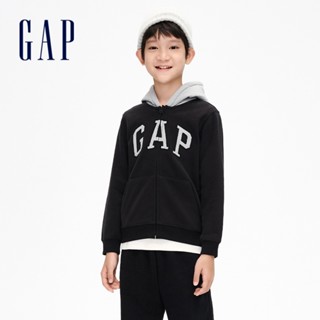 Gap 男童裝 Logo刷毛連帽外套 碳素軟磨系列-黑色(836686)