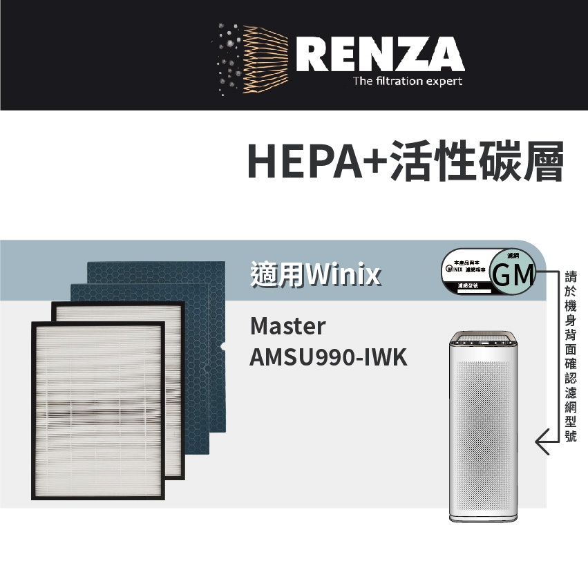 適用韓國Winix Master 雙空氣噴射氣流空氣清淨機 AMSU990-IWK 2片HEPA+2片蜂巢活性碳濾網