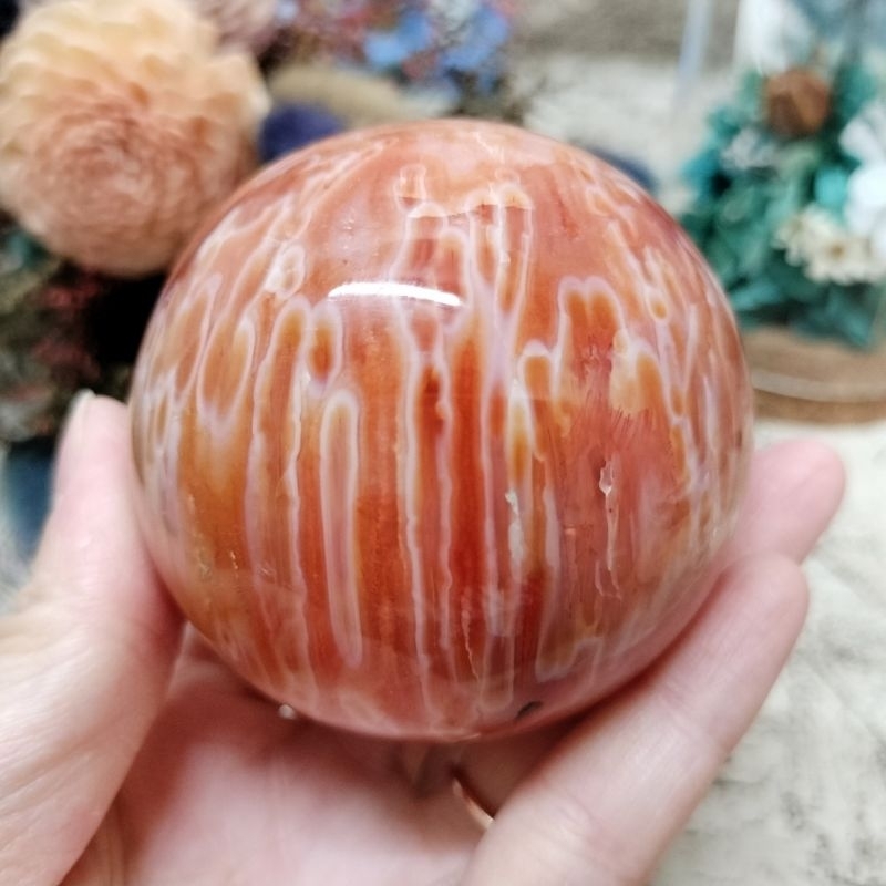 || 精選美球~橘紅 瑪瑙球晶洞球-6.2公分 • 特殊條紋款 瑪瑙球 ||