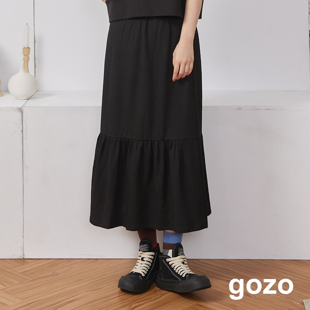 【gozo】皺皺織紋彈性蛋糕裙(黑色/淺綠_F) | 女裝 修身 百搭