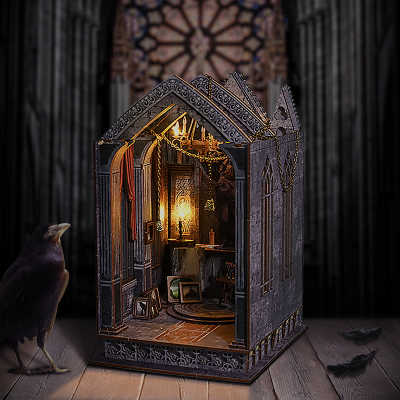 【預售預購|沉靜夜祈】歐洲中世紀暗黑哥特式建築風格神秘書立書擋 立體3D木質模型屋 DIY小屋袖珍屋 藝術屋