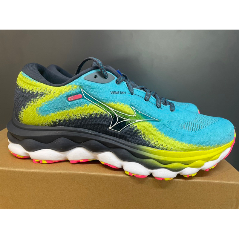 美津濃 MIZUNO WAVE SKY7 緩震慢跑鞋  黃藍色J1GC230203