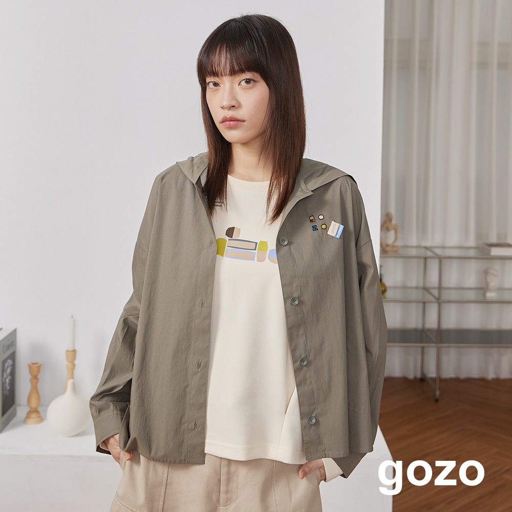 【gozo】➤彩色gozo打褶袖連帽襯衫(深灰/淺卡其_F) | 女裝 襯衫領 休閒