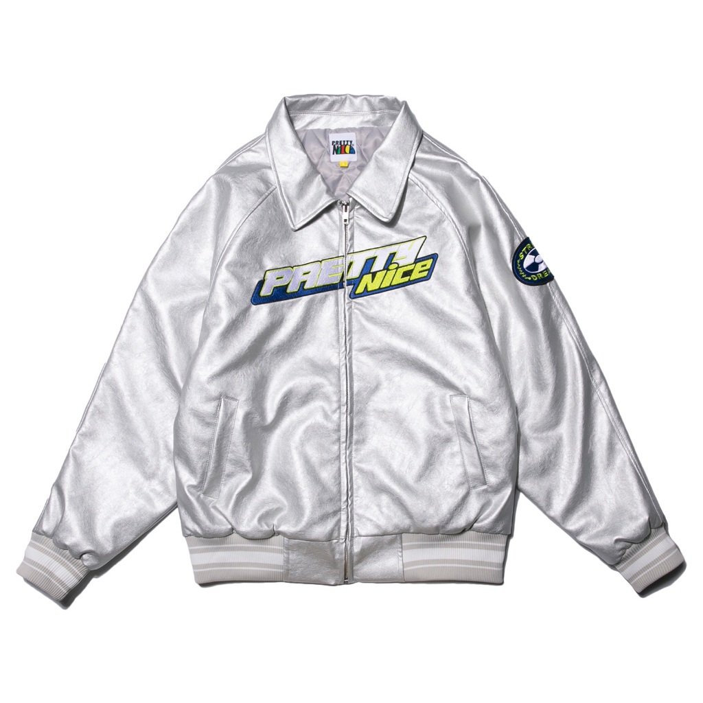 PRETTYNICE Street Dreams Zip Varsity Jacket 銀 賽車 拉鍊棒球外套【CbP】