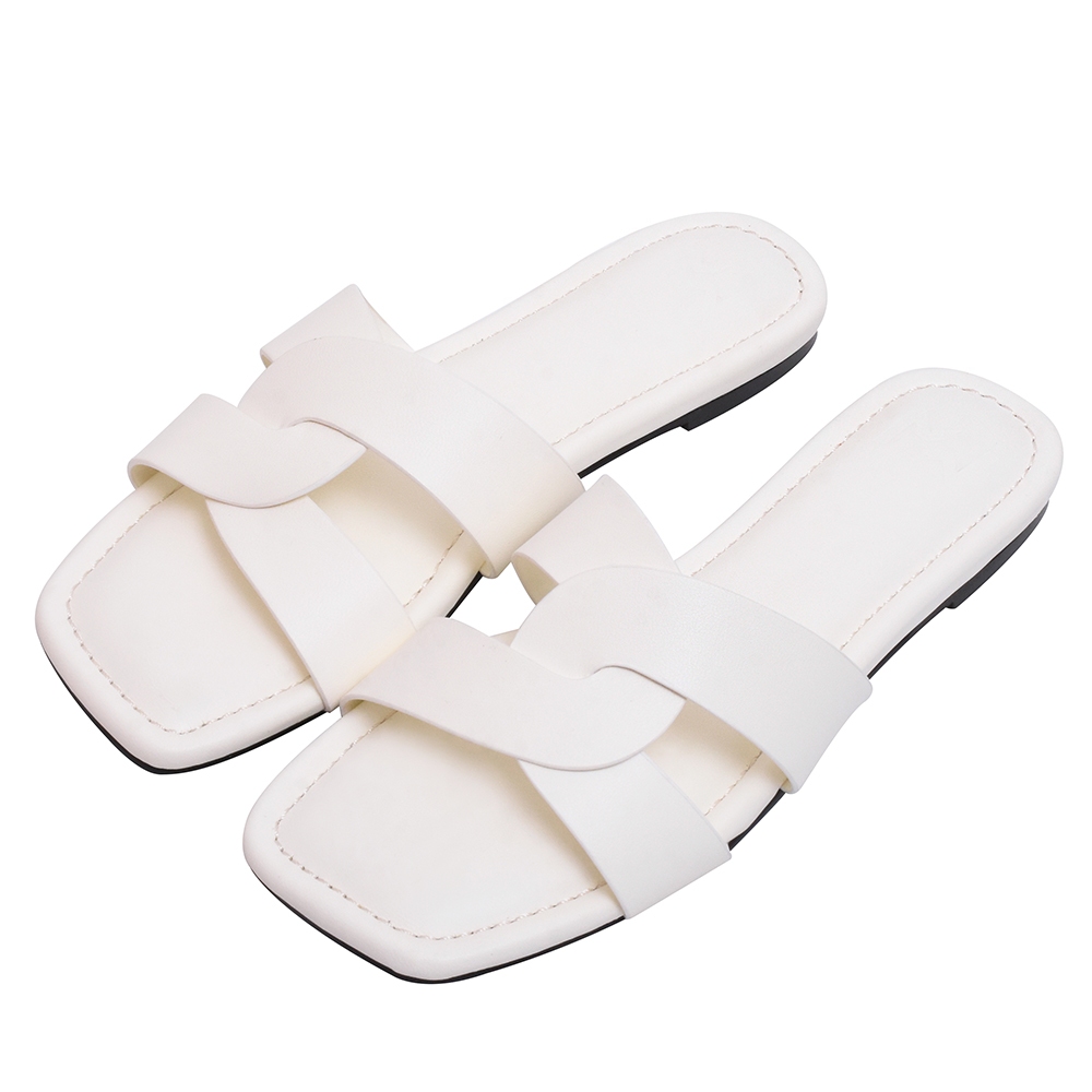 ANNSTAR MEIMEI聯名-法式優雅弧線造型平底涼拖鞋-白