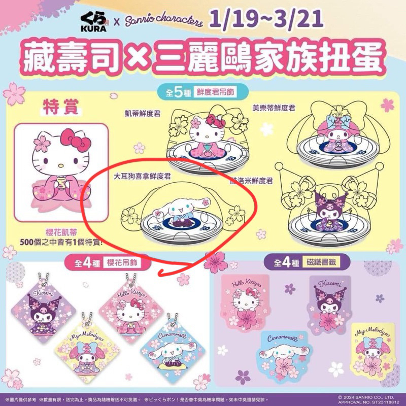 全新未拆封 藏壽司 三麗鷗 特賞 sanrio 扭蛋 轉蛋 公仔 吊飾 大耳狗喜拿鮮度君