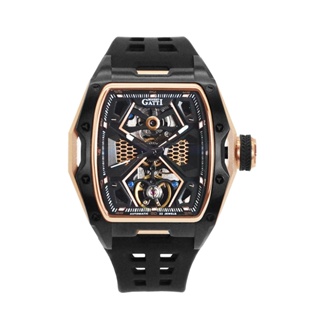 BONEST GATTI | 原廠授權布加迪 黑金款 工業風的鏤空面盤 酒桶造型 黑色氟橡膠錶帶 自動上鍊機械腕錶
