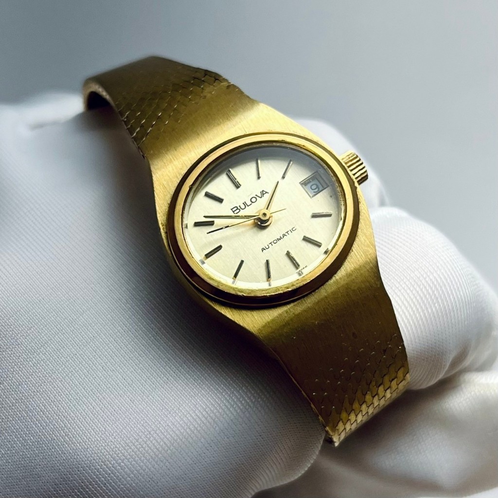全新 絕美 BULOVA 寶路華 瑞士 SWISS 自動錶 早期老錶 古董錶 仕女錶 手錶 銀色 深藍 復古 簡約 Vi