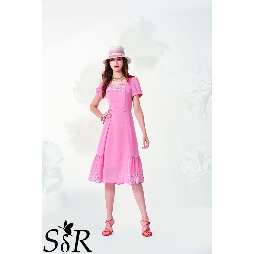 SARIE莎蕾 蕾絲拼接親膚絲棉高雅洋裝 嬌嫩桃粉色增添喜氣  喜慶宴會穿搭 台灣設計師