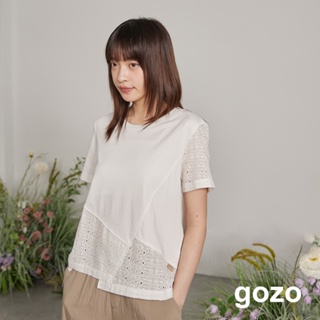 【gozo】蕾絲拼接斜切造型T恤(黑色/白色_M/L) | 女裝 圓領 休閒