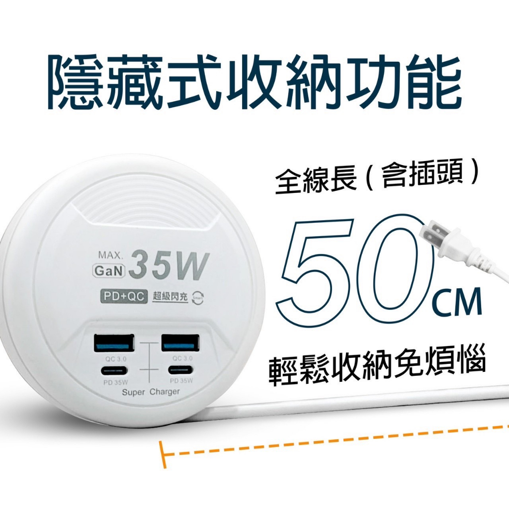 延長線充電器 35W氮化鎵 PD+QC快充 充電延長線 50公分 全電壓 超級閃充 圓盤收納充電器 四孔 多孔