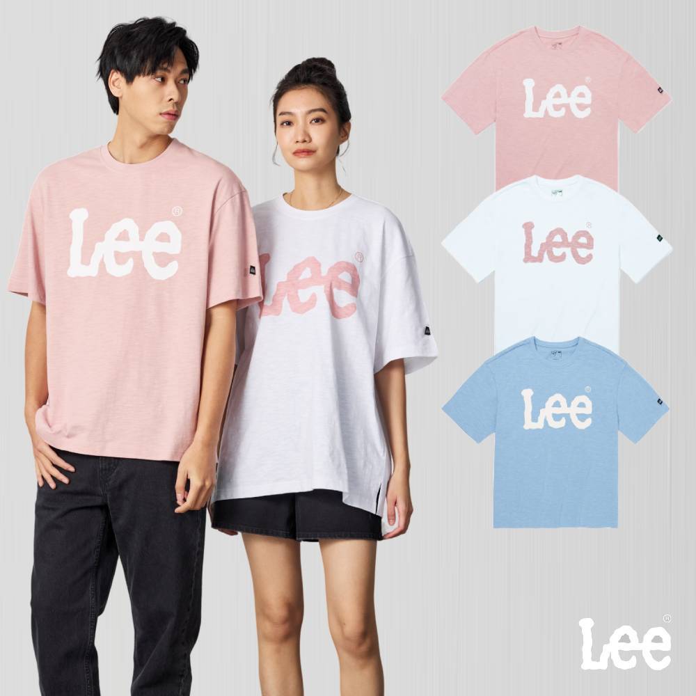 Lee 男女適穿 大LOGO寬鬆短袖T恤 天藍 灰粉 白色 LB402054
