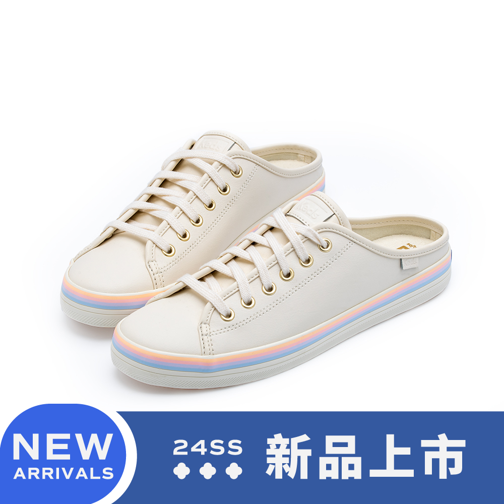 【Keds】KICKSTART MULE 百搭條紋真皮穆勒休閒鞋-米白 (9241W123775)