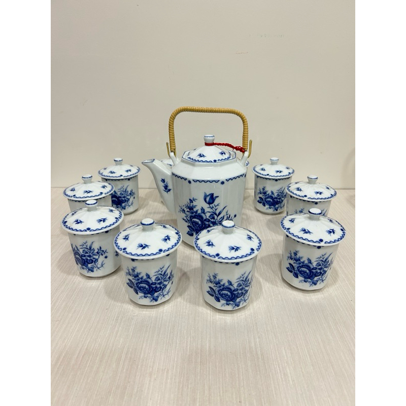現貨全新 早期大同窯 青花彩藍玫瑰茶具組 八角 茶壺 10茶杯含蓋 限配合（郵寄、自取）